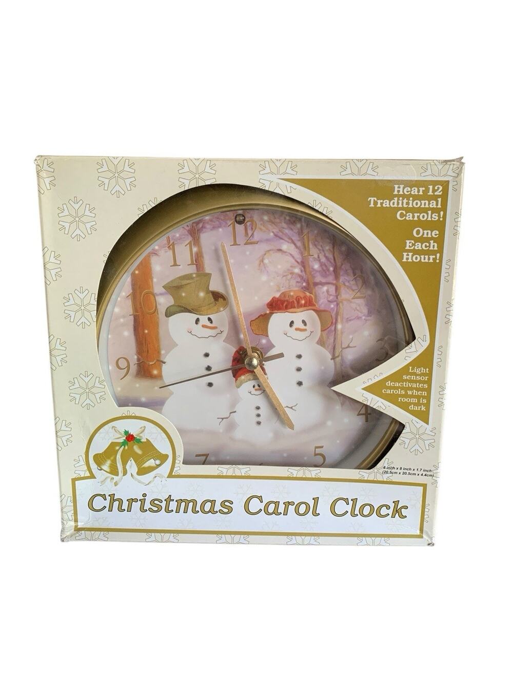 Feldstein Christmas Gold Round Wall Clock 8" Snowman Family Plays 12 Carols